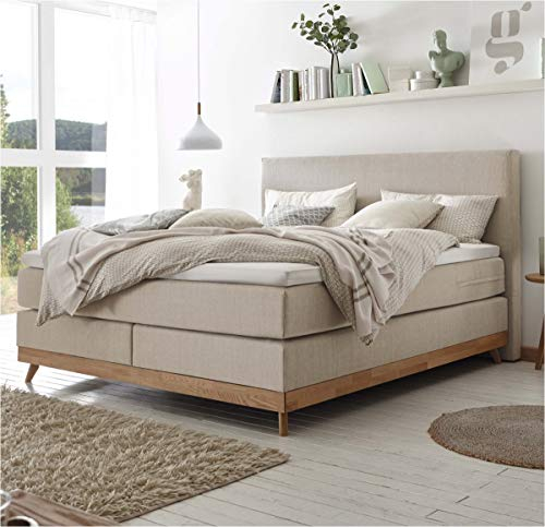 Hasena Boxspringbett Scandia Eiche Bianco|Stoff beige 180x200 Topper Base (Liegekomfort: fest)