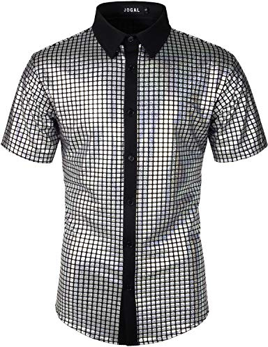 JOGAL Herren Pailletten Kleid Shirt 70er Disco Party Kustüm Large Silber