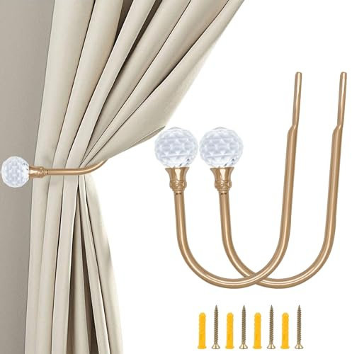 ALEENFOON Pack von 2 Kristall Vorhang Raffhalter Haken Holdbacks Tiebacks Hook Metall Gardinenhalter Raffhalter U Haken für Fenster Zugband Haken (Gold)