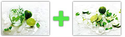 Doppelpack XL Poster 70 x 50cm Küche (F252 + F253) Wasserglas Limette, Limettenscheiben und Pfefferminze mit Wasser auf Eis (Plakate Lieferung gerollt!)