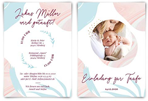 40 x Einladungskarten zur Taufe individuell mit Foto und Text DIN A6 - Rosa und Babyblau