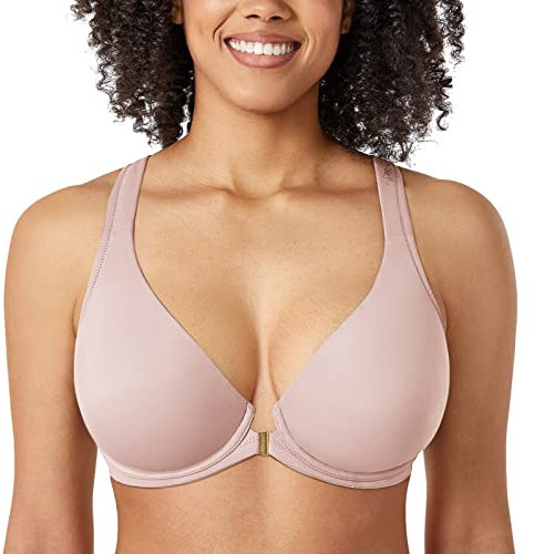 DELIMIRA Women's Front Fastening Bras Seamless Unlined Racer Back Plus Size Underwired Plunge Bra Rose Smoked 36H