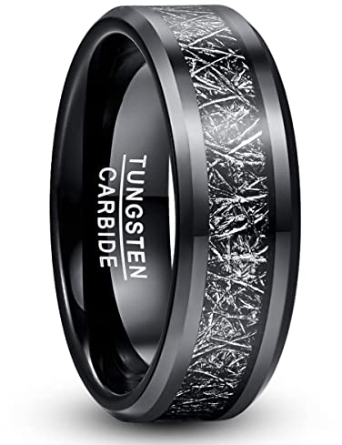 TUNGSTORY Wolfram Ring Herren 8mm Schwarz Ring mit Meteoriten Männer Ehering Größe 65(20.7)