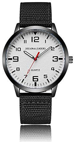 JOESON LEADERS Montre 3 ATM Étanche Unisexe pour l'Extérieur - Montre-Bracelet Casual Quartz de Sport avec Bracelet en Nylon/Cuir, Noir/Blanc