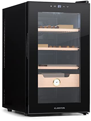 KLARSTEIN El Presidente - Cave à cigares électrique avec Porte vitrée, humidificateur à cigares avec tiroirs en Bois de cèdre, hygromètre, éclairage intérieur LED, 23 litres - Noir