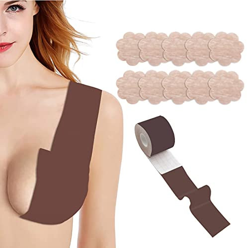 Phantasy Nastro Boob,Reggiseno Invisibile Adesivo, Nastro per Abito Cerimonia Donna,Abiti da Cerimonia,Nastro Reggiseno Sportivo Donna,Reggiseno Senza Ferretto Senza Spalline (Marrone+10pz)