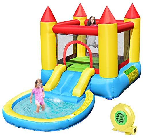 GOPLUS Hüpfburg mit Wasserrutsche, 3 Verschiedene Varianten, Aufstellpool aus Oxford-Material, mit PVC-Beschichtung, Spielburg für Kinder über 3 Jahren (Modell 2, Mit Gebläse)