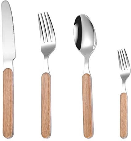 SHALOLY Set di Posate Miste Set di Posate in Acciaio Inossidabile per 1, 4 Pezzi Posate da Cucina con Manico in Legno Include Coltello, forchetta e Cucchiaio, Argento (Argento)