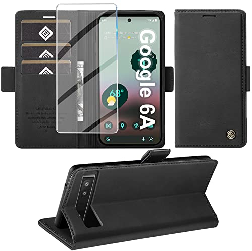 Handyhülle für Google Pixel 6A Hülle mit Schutzfolie, Pixel 6A mit Standfunktion Kartenfach Wallet Premium Leder Schutzhülle Pixel 6A 5G Flip Case Cover Stoßfeste Klapphülle (Schwarz)