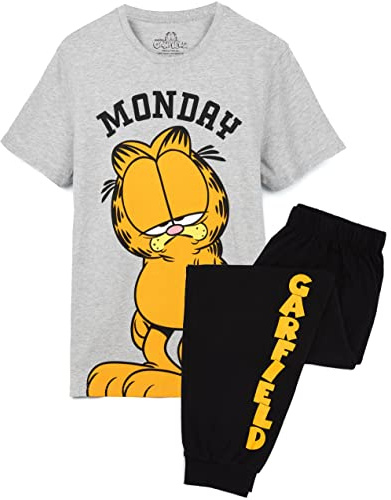 Garfield Mens Pyjamas | Adults Lazy Monday Tabby Cat Grey T-Shirt With Black Long Bottoms Pjs | Movie Merchandise