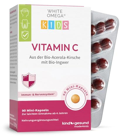 Vitamin C Kinder - aus Bio-Acerola & Bio-Ingwer - 90 Mini-Kapseln - 100 % natürliches Vitamin C unterstützt das Immunsystem - zuckerfrei & ohne Zusatzstoffe - 1-Monatsvorrat
