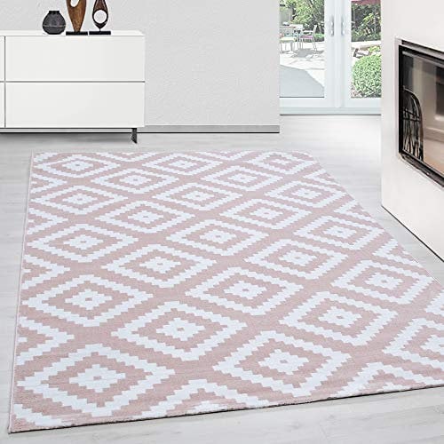 Teppium Moderner Kurzflor Teppich Wohnzimmer 300x400 (280 x 370 cm) Pink - Waschbarer Teppich, Geometrisch Design, Pflegeleicht, Weich - Ideal für Schlafzimmer, Esszimer und als Küchenteppich