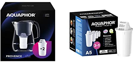 AQUAPHOR Wasserfilter Provence Schwarz inkl. 2 A5 Filter mit Magnesium I Karaffe für 4,2l I Großer WasserfiIter in Glasoptik & Filterkartusche A5 Pack 3+1 I Filtert Kalk & Chlor