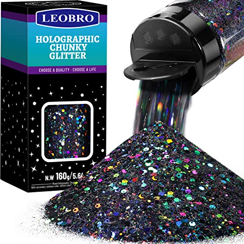 LEOBRO Black Holographic Chunky Glitter - 160G/5.64OZ, Craft & Nail Glitter for Resin, Epoxy Tumblers