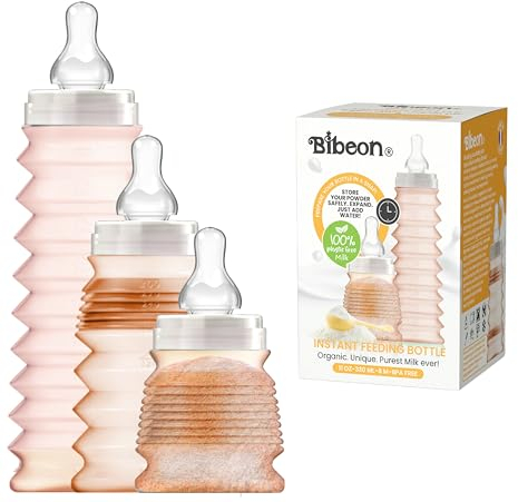 BIBEON, NOUVEAU! Biberon Végétal sans OGM, sans Résidus, certifié LNE. Compressible Anti-coliques, Extensible 330 ml, Prêt-à-l'emploi 24/7, Ultra-léger (37 g), Format Voyage – France. 6 mois+ Orange