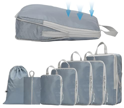 YYDSLEE Compression Packing Cube 7-teilig Kleidertaschen Verpackungswürfel Kleidertaschen Set Kofferorganizer Reise Würfel Koffer Organizer Packwürfel Packtaschen Aufbewahrung Taschen(Blau/Grau)
