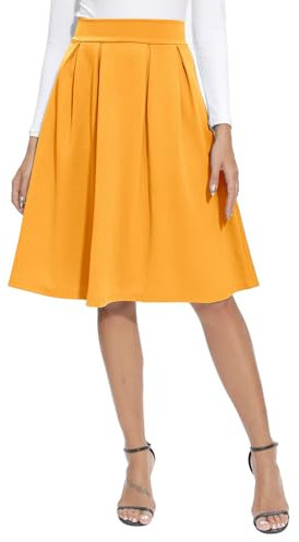 REORIA Damen Rock Faltenrock Klassischer Einfarbiger Plisseerock Knielanges Skirt Röcke Strickrock Tennisrock Gelb M