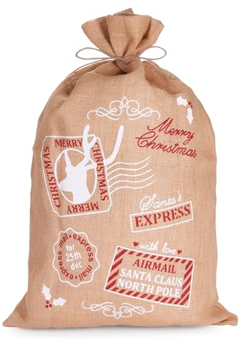 BRUBAKER Großer Weihnachtssack Santa Express Briefmarken - 80 cm Geschenksack Weihnachten - Nikolaussack Jutebeutel Sack mit Kordel zum Verpacken von Geschenken - Merry Christmas