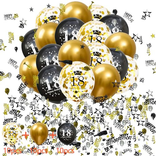 waziwe Geburtstagsdeko 18 Schwarz Gold, 18. Geburtstag Deko, Deko 18. Geburtstag Mädchen Junge, Luftballons 18 Geburtstag Deko Junge Mädchen, Streudeko Geburtstag, Konfetti Geburtstag 18 Mädchen Junge