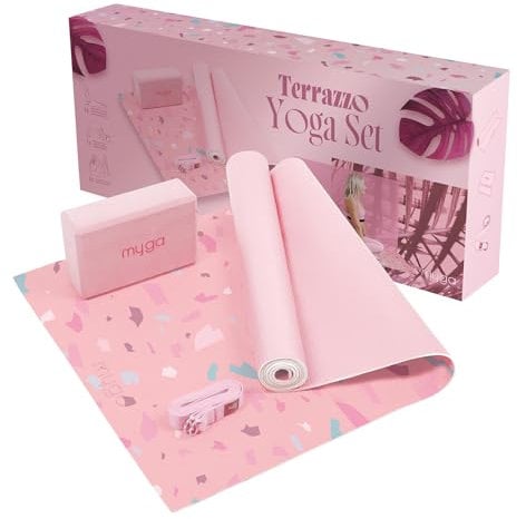 Myga Yoga Starter Kit | Komplettes Set mit Yogamatte, Yogablock & Gurt | rutschfest & Unterstützend | Ideal für Anfänger & Zuhause sowie Reisen | Rosa Terrazo Design