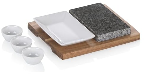 kela Steingrill Set 6 tlg, Heißer Stein mit Servierplatte, Schälchen & Teller, Lavastein Steakbrett, Hot Stone Grill, COUNTRY