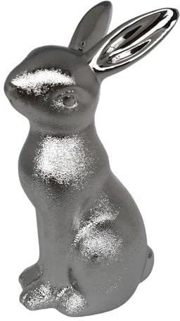 Goldbach Hase 20cm groß Silber, aus Keramik, Ostern Figur Osterhase sitzend XL modern Dekofigur Osterdeko