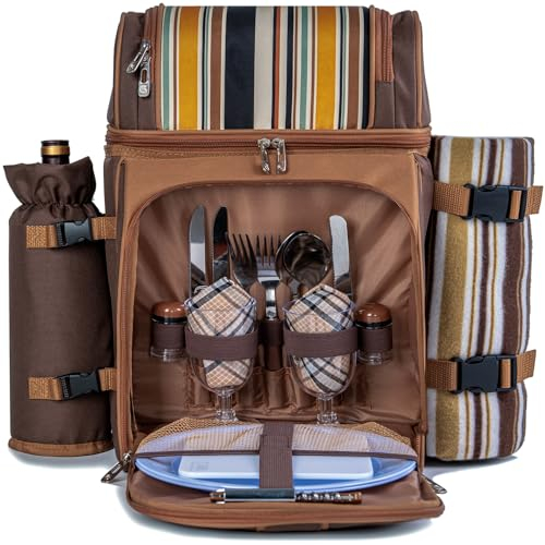 ALLCAMP Picknick-Rucksack – Isolierte Kühltasche mit Fach, abnehmbarem Weinglashalter, Überwurfdecke und Besteck-Set, 2-Personen-Picknick-Set für Familienausflüge, Paargeschenke (braun)