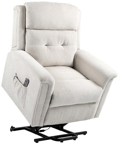 HOMCOM Elektrischer Fernsehsessel Relaxsessel mit Aufstehhilfe, Liegefunktion, 2 Motoren TV Sessel Seniorensessel mit Fernsteuerung, Seitentasche, Leinen-Optik Cremeweiß