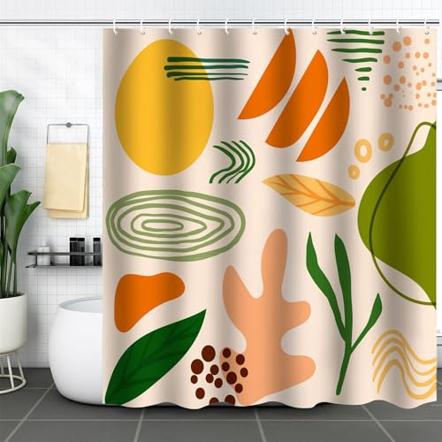 FAIRYGATE Duschvorhang Beige Boho Duschvorhang Textil Duschvorhänge Anti Schimmel 180X180 Bathroom Curtain Blatt Muster Badezimmer Waschbar Wasserdicht mit 12 Duschvorhangringen B9210
