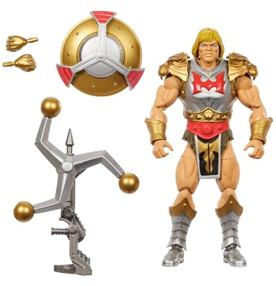 Masters of the Universe Masterverse Actionfigur ca. 18 cm groß, New Eternia Flying Fists He-Man, MOTU Spielzeug, rotierende Waffe und Schild, 30 Bewegungspunkte, JBP75