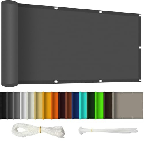 Balkon Sichtschutz 190 x 340 cm Premium Polyester Deko für Balkongeländer mit Ösen Kabelbinder Und Kordel für Balkongeländer, Terrasse Garten, Dunkelgrau