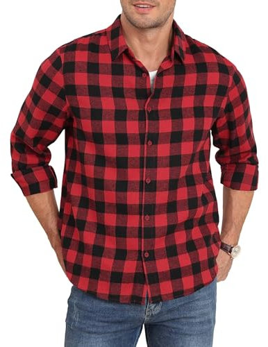 QUEZHU Chemise Flanelle à Carreaux Homme Manches Longues Hiver Coton Chaude Casual Regular Rouge M