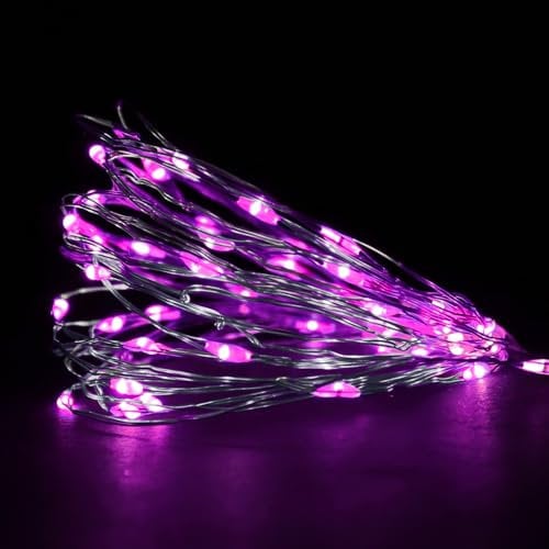 ANSIO Fairy Lights Battery Operated 100 LED Copper Wire Indoor Outdoor Christmas Lights, Bedroom String Lights 10m/33ft-Ideal for Christmas Tree, Party&Wedding Decorations-Pink-Silver Cable