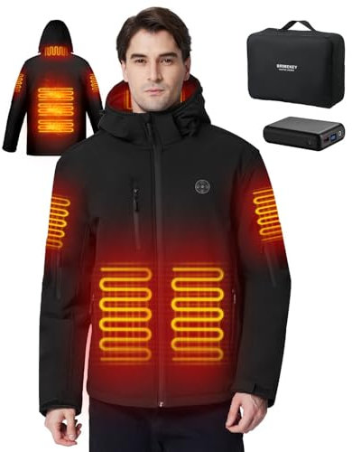 Brimekey Veste Chauffante Homme, Doudoune Chauffante Électrique Batterie 7.4V 12000mAh, Imperméable Veste Chauffante avec Capuche Amovible pour la Pêche Extérieur Ski