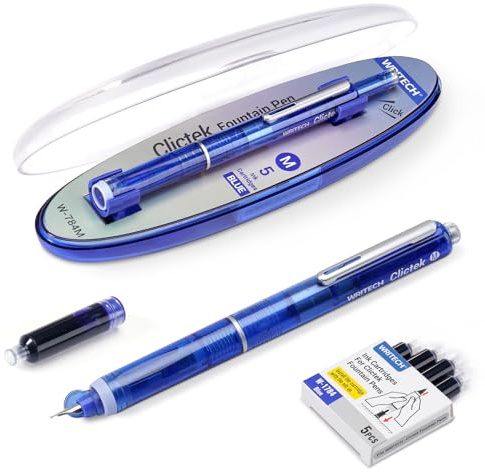WRITECH Clictek Fountain Pen Retractable: Blue Ink Medium Nib Transparent Barrel, Gift Set Includes 5 Ink Cartridges for Smooth Writing No Leaking