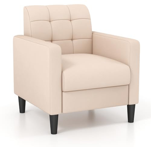 COSTWAY Relaxsessel modern, Fernsehsessel aus Samt im Mid-Century-Stil, gepolsterter Sessel mit getufteter Rückenlehne, Armlehnen & Holzbeine für Wohnzimmer, Schlafzimmer und Heimbüro, beige