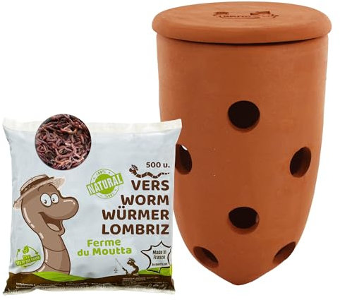 WORMacotta | Lombricomposteur 1,1L en Terre Cuite à enterrer | 500gr de vers de Compost | Transformez Votre jardinière en lombricomposteur | Compostez Vos déchets organiques