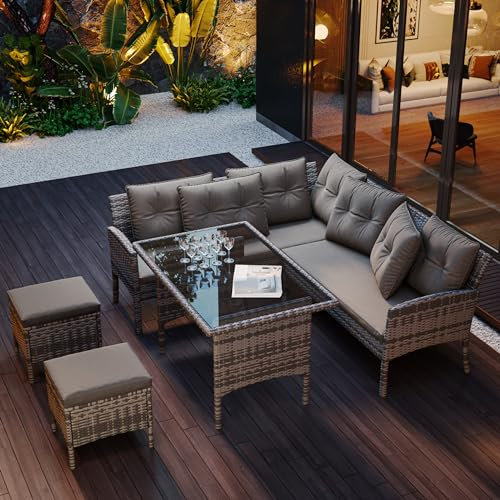 Gegtuon Gartenmöbel Sitzgruppe aus Rattan für Garten für 7 Personen, Essgruppe Lounge mit Tisch Stühle, Möbel Outdoor mit Couchtisch, Sofa & Kissen für Balkon, Gartenlounge Gartenmöbel-Set (Grau)
