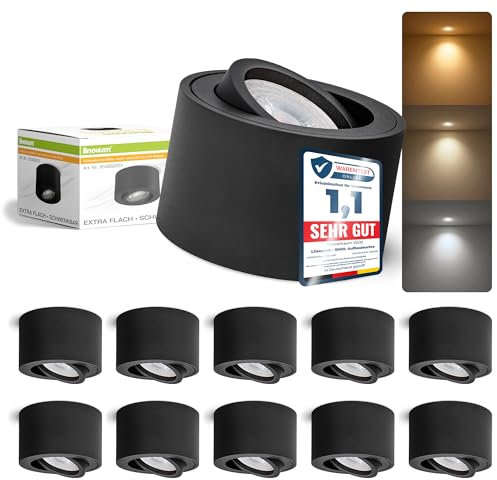 linovum 10 Stück SMOL Deckenleuchte Aufbaustrahler schwarz schwenkbar flach Höhe 50mm mit 3 Weißtöne lumiFLEX LED Modul 4W 230V Spots