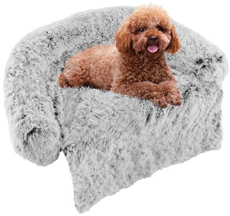 GOPLUS Cama Relajante de Felpa para Perros, Colchón Esponjoso con Cubierta Desmontable Lavable y Base Antideslizante, Cama con Suave Soporte para el Cuello y Asa de Transporte para Mascotas (S,Blanco)