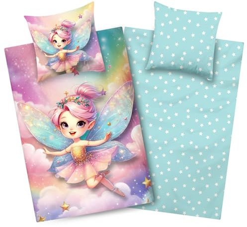 Aminata kids Kinderbettwäsche Mädchen Fee & Regenbogen - 135x200 cm Bettbezug + 80x80 cm Kissenbezug - 100% Baumwolle Wendebettwäsche mit Sternen - YKK Reißverschluss