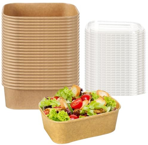 AXVRAV Bols jetables en papier kraft de qualité supérieure - 500 ml - Stable avec couvercle en PET - Boîte en papier kraft - Bol en carton résistant à l'eau et à l'huile - Pour les aliments à emporter