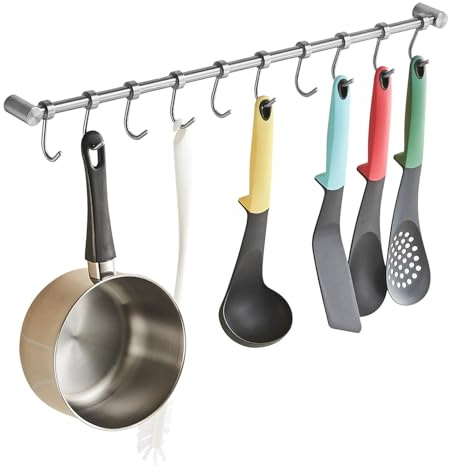 Kelelife Tableware Hanging Rack with 10 Removable Hooks, Kitchen Rail Pan Hanger Stainless Steel Wall Mounted Coat Hat Rack Bar Organiser for Hanging Tools, Knives, Pot, Brushed Nickel