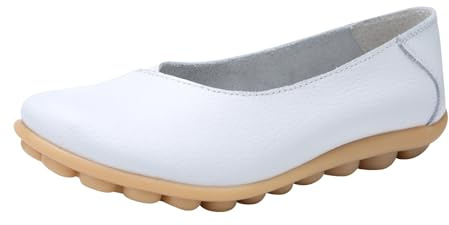 Xbemkste Ballerinas Women's Flat Shoes Leather Round Toe Ballet Shoes Slip On Walking Shoes Comfortable Non-Slip Summer Shoes Casual Style for Walks, Everyday, Office, White, 5.5 UK
