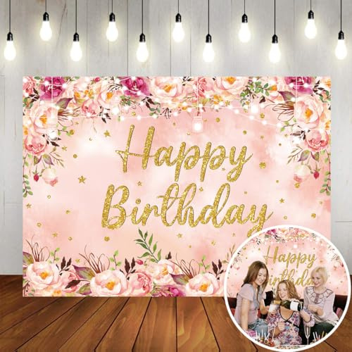 Floral Happy Birthday Backdrop Spring Pink Rose Flower Photography Background for Women Girls Birthday Wedding Party Baby Shower Decorations Supplies (7x5FT)