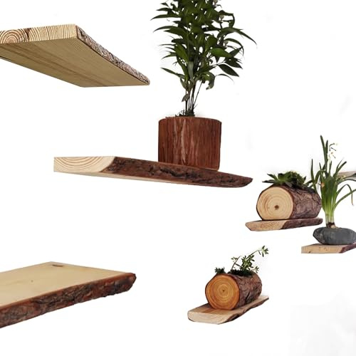 Natürliche unregelmäßige Rinde Schweberegale - Dekoratives Wandregal für Wohnzimmer, Schlafzimmer, Bibliothek, Retro-Blumenregal, Breite 13-17 cm, einzigartige rustikale Wohnkultur