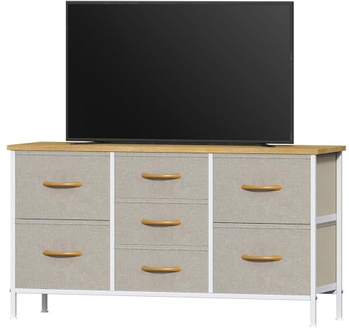 Feonase Bedroom Chest of Drawers, Small Dresser with 7 Fabric Drawers, Metal Frame & MDF Wood Top, Adjustable Feet, Storage Organizer Unit for Bedroom, Closet, Living Room, Hallway, Khaki