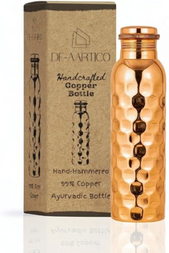 DE-AARTICO 34 Oz Copper Water Bottle - Ayurvedic Hammered Pure Copper Vessel for Hydration, Extra Large, Health Benefits for Drinking Water, Natural Detox, Lower Sugar Intake, Eco-Friendly