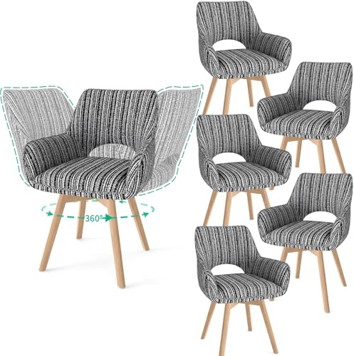 WAFTING Lot de 6 Chaises de Salle à Manger Pivotantes à 360° avec Accoudoirs et Pieds en Bois, Chaise Moderne Rembourrée avec Dossier en Tissu pour Cuisine, Salon ou Chambre, Noir