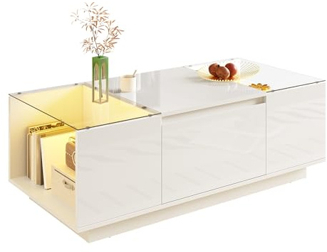 XPSSJMU 105 cm moderner, minimalistischer Couchtisch mit Stauraum, Stimmungs, Glasplatte und 2 Schubladen